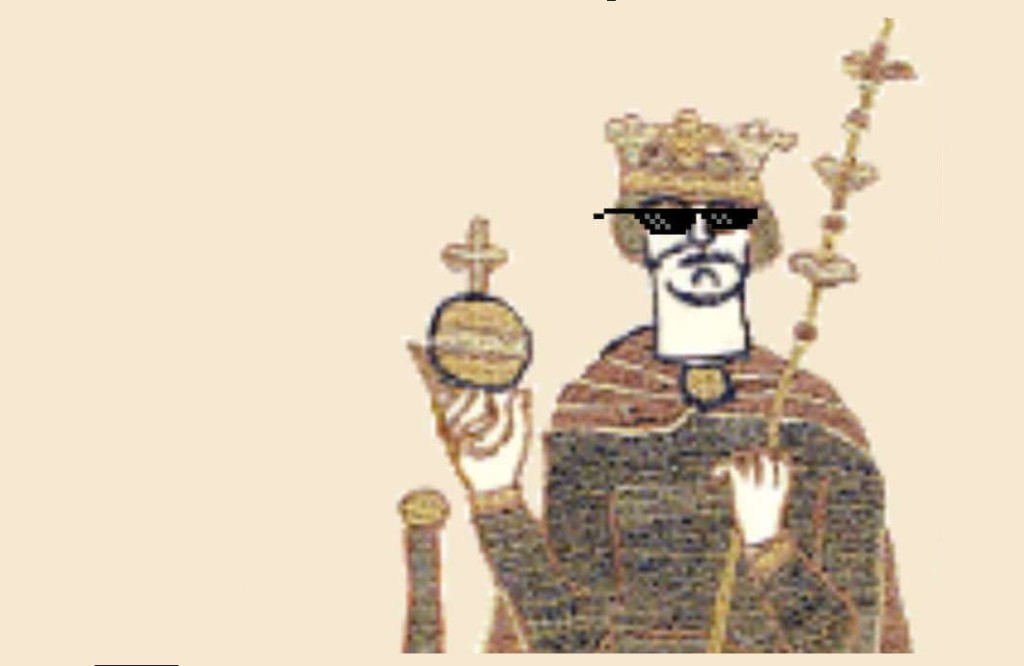 Une image de roi tiré de la bannière médiévale de Bayeux agrémenté de lunettes de soleil pixelisées dans la mouvance Thug Life